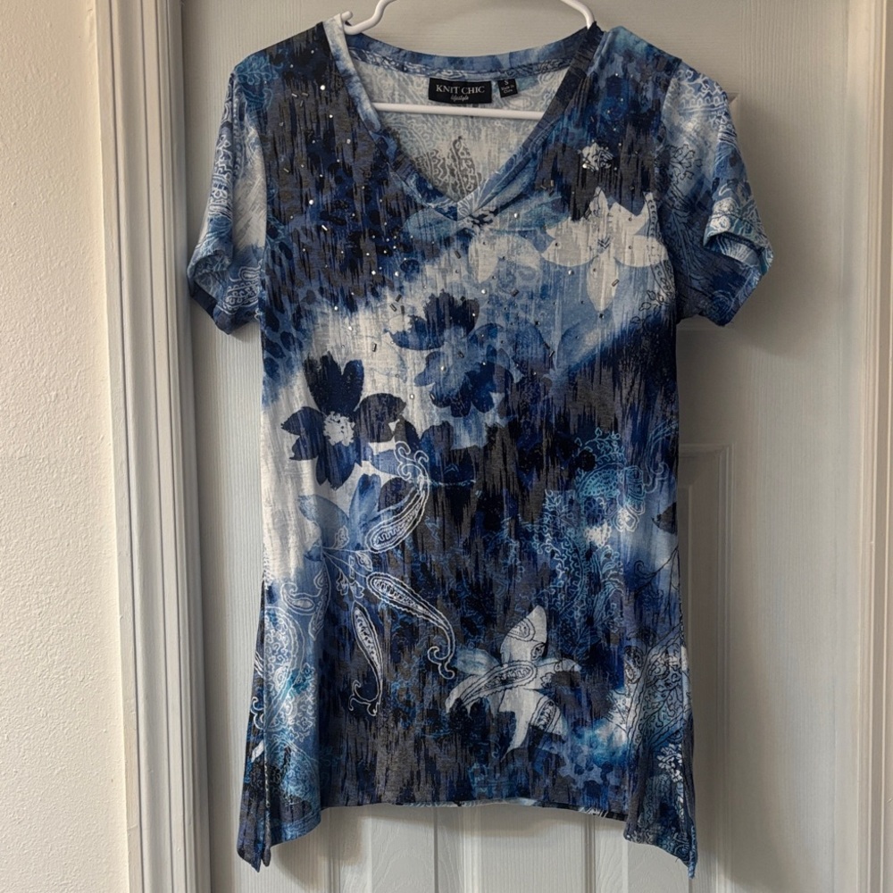 Blue Floral Short Sleeve Women's Top